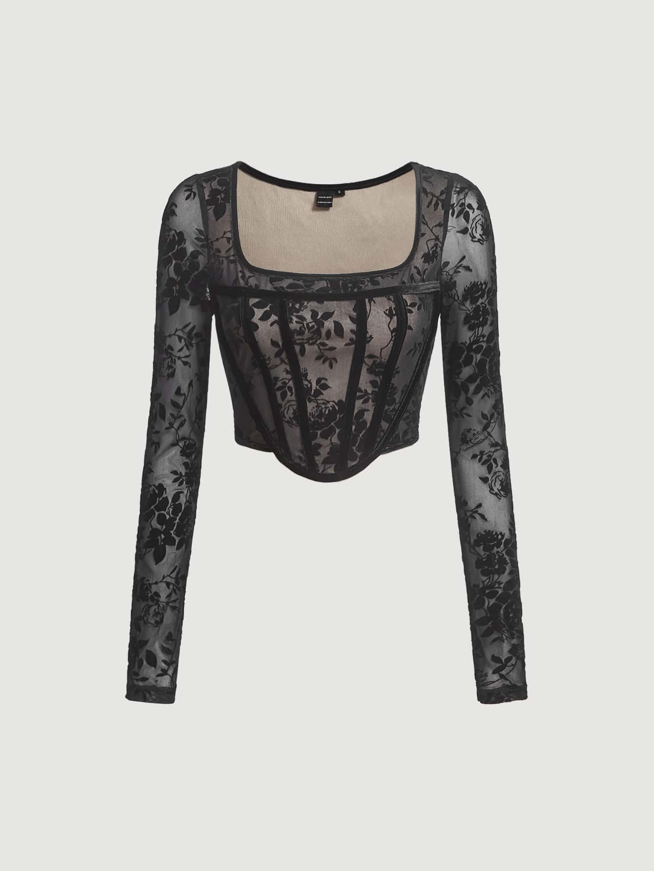 SHEIN MOD Floral Print Square Neck Crop Top - Black - View 1