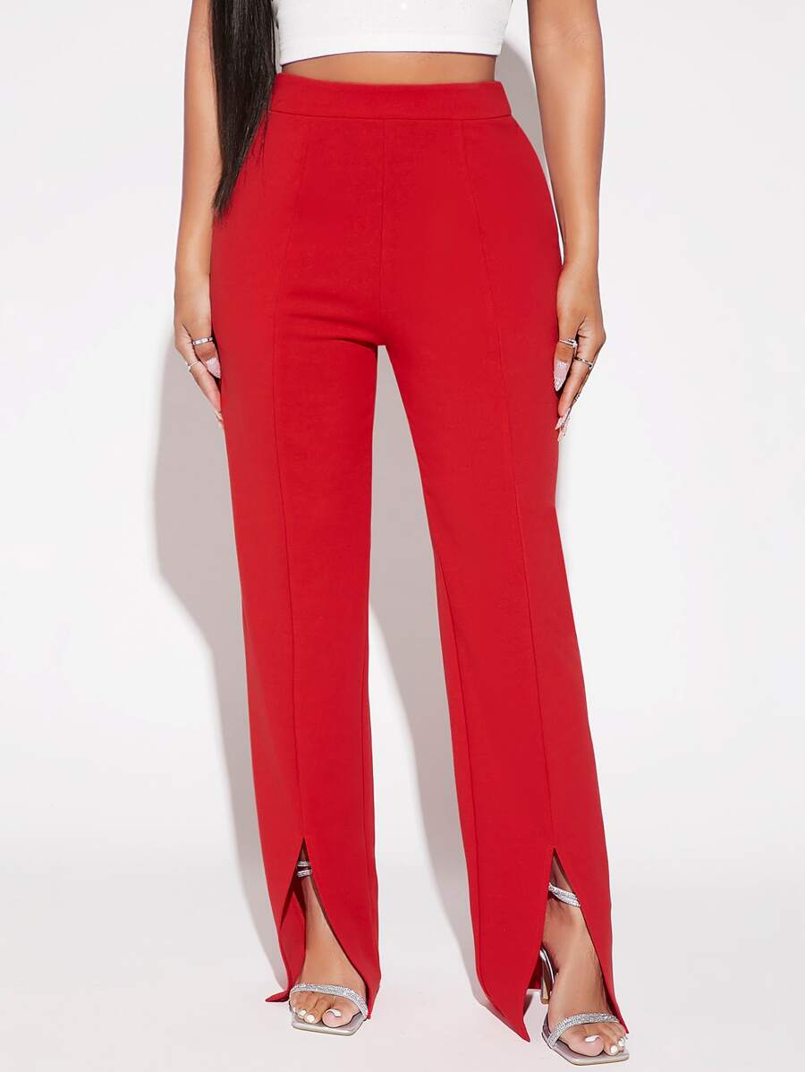 SHEIN SXY Quần nữ Chia Dây kéo màu trơn Thanh lịch - Đỏ - Xem 1