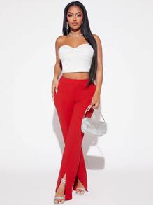 SHEIN SXY Quần nữ Chia Dây kéo màu trơn Thanh lịch - Đỏ - Xem 4