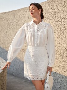BizChic Eyelet Embroidery Button Front Shirt Dress - White - View 7