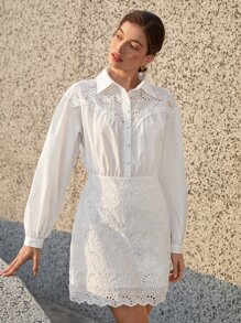 BizChic Eyelet Embroidery Button Front Shirt Dress - White - View 1