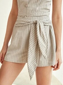 BizChic Striped Print Belted Shorts - Khaki - View 5