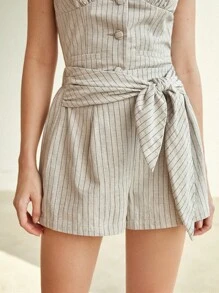 BizChic Striped Print Belted Shorts - Khaki - View 1