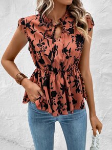 SHEIN LUNE Blusa con estampado floral bajo con fruncido - Óxido marrón - Ver 2