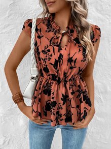 SHEIN LUNE Blusa con estampado floral bajo con fruncido - Óxido marrón - Ver 5