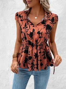 SHEIN LUNE Blusa con estampado floral bajo con fruncido - Óxido marrón - Ver 6