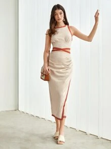 BizChic Tương phản ràng buộc Crisscross Buộc lại Áo ba lỗ Trang phục làm việc - Màu be - Xem 5