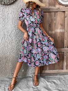 SHEIN VCAY Allover Floral Print Puff Sleeve Dress - Multicolor - View 5