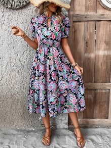 SHEIN VCAY Allover Floral Print Puff Sleeve Dress - Multicolor - View 6