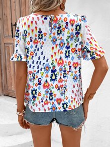 SHEIN VCAY Allover Print Flounce Sleeve Blouse - White - View 2