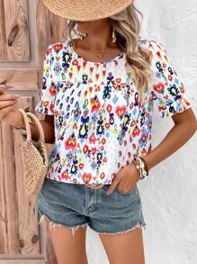 SHEIN VCAY Allover Print Flounce Sleeve Blouse - White - View 4