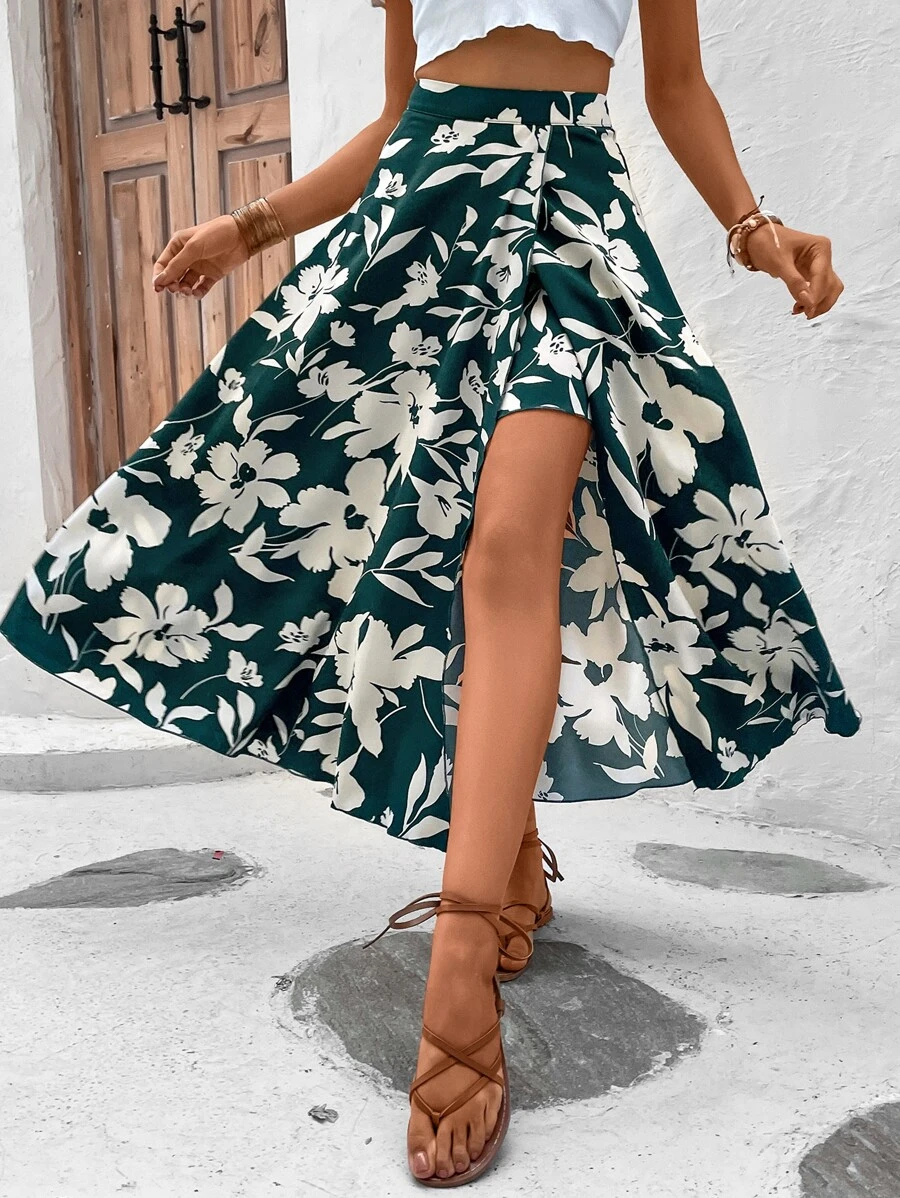 Breezaya Allover Floral Print Wrap Hem Skirt | SHEIN USA