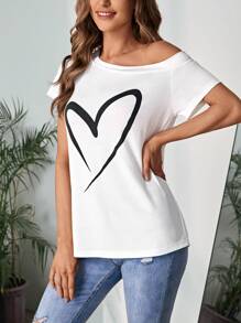 SHEIN LUNE Áo thun nữ Bất đối xứng Tim Giải trí - trắng - Xem 4