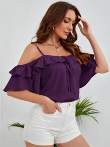 SHEIN VCAY 挖肩前打結荷葉邊襯衫 - 紫色 - 查看 4