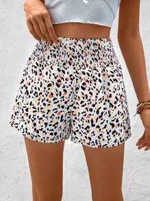 SHEIN VCAY Allover Print Shirred Waist Elastic Waist Shorts - White - View 2