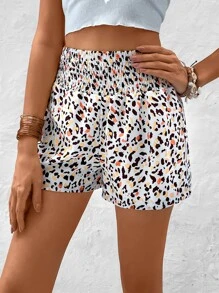 SHEIN VCAY Allover Print Shirred Waist Elastic Waist Shorts - White - View 4
