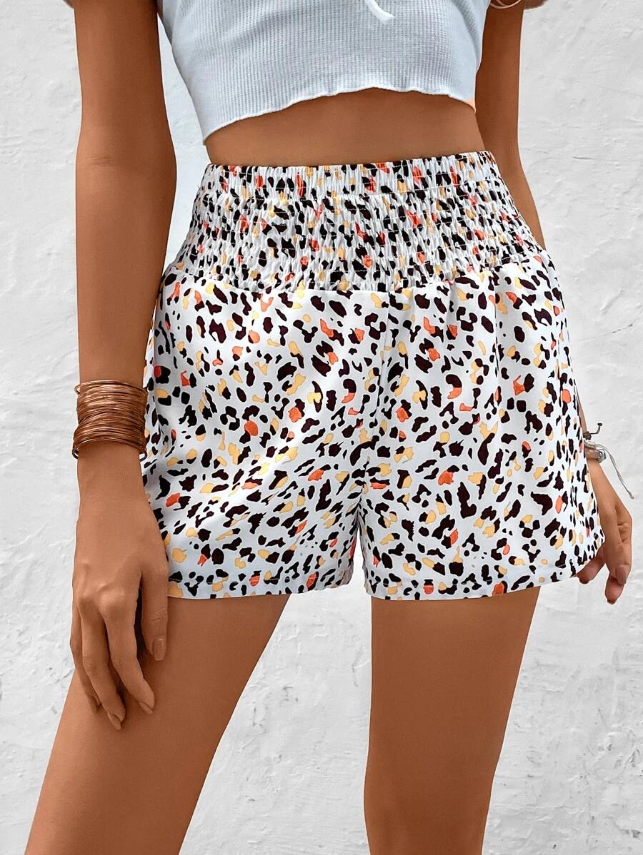 SHEIN VCAY Allover Print Shirred Waist Elastic Waist Shorts - White - View 1