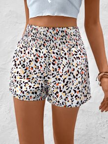 SHEIN VCAY Allover Print Shirred Waist Elastic Waist Shorts - White - View 6