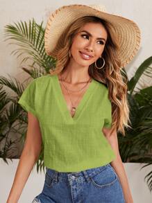 SHEIN LUNE Top unicolor de manga murciélago - Verde Lima - Ver 1