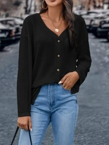 SHEIN LUNE Camiseta de hombros caídos tejido waffle - Negro - Ver 1