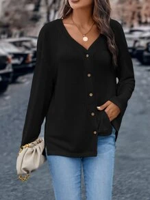 SHEIN LUNE Camiseta de hombros caídos tejido waffle - Negro - Ver 4