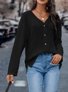 SHEIN LUNE Camiseta de hombros caídos tejido waffle - Negro - Ver 5