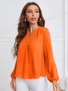 SHEIN Clasi V Neck Lantern Sleeve Solid Top - Orange - View 3