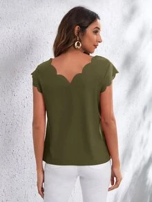 SHEIN Clasi Double V Neck Scallop Edge Top - Army Green - View 2