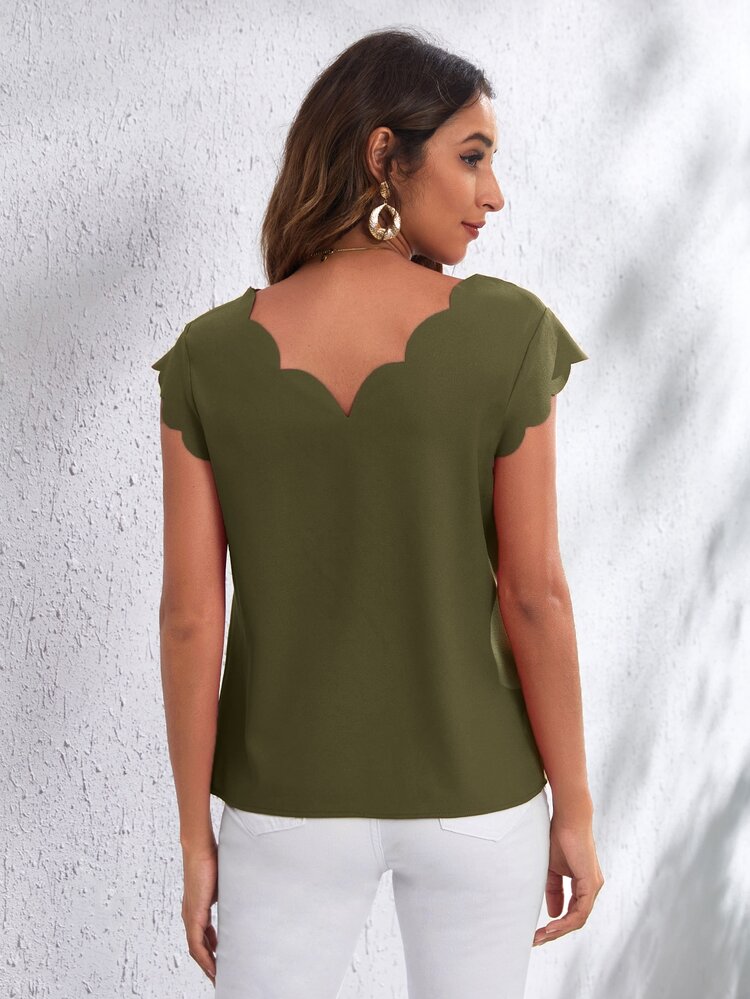 SHEIN Clasi Double V Neck Scallop Edge Top - Army Green - View 2