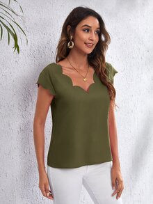 SHEIN Clasi Double V Neck Scallop Edge Top - Army Green - View 3