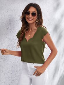 SHEIN Clasi Double V Neck Scallop Edge Top - Army Green - View 5