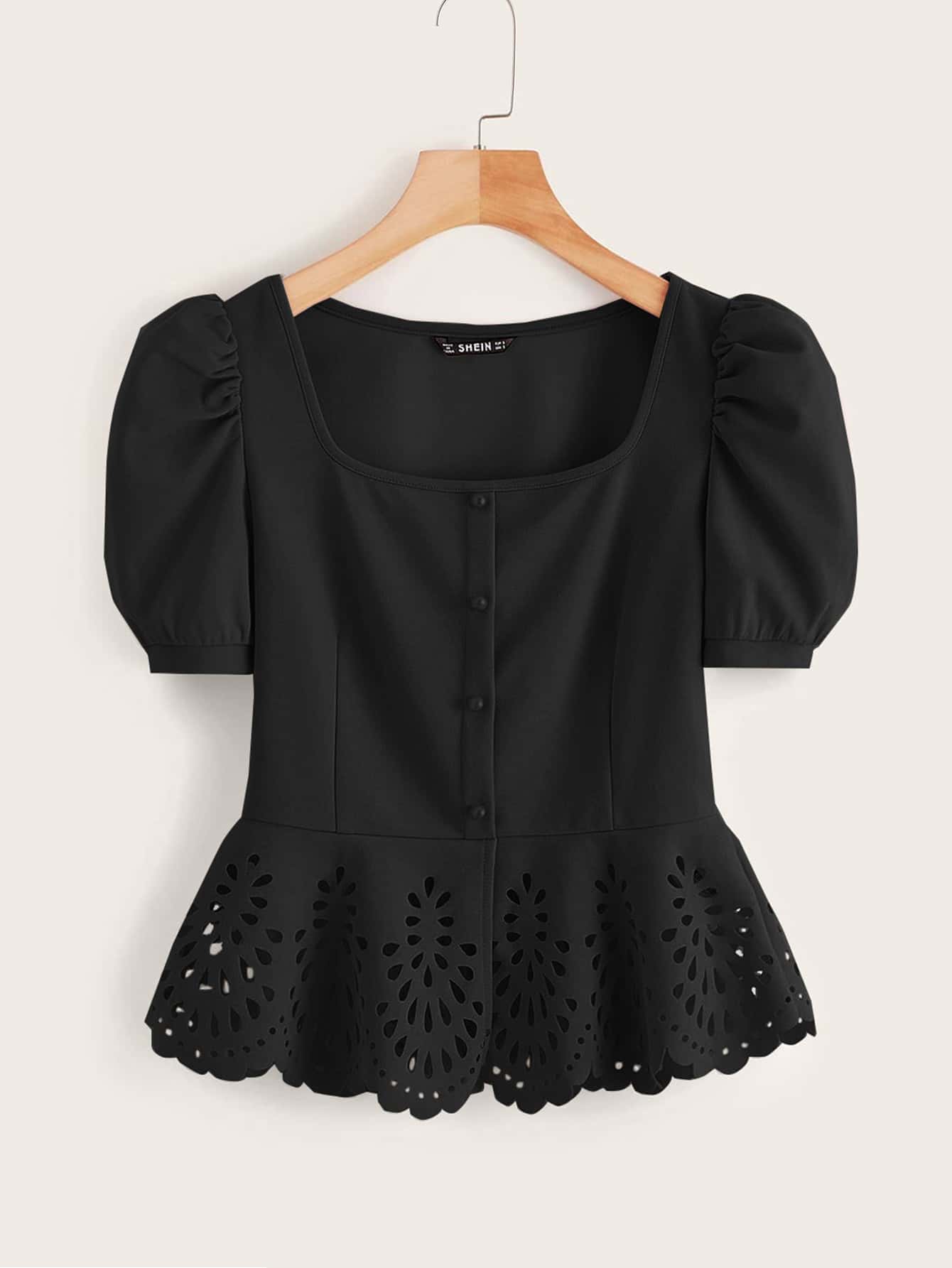SHEIN LUNE Button Front Puff Sleeve Laser Cut Hem Blouse