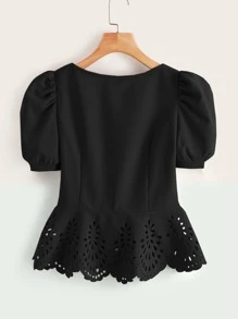 SHEIN LUNE Button Front Puff Sleeve Laser Cut Hem Blouse - Black - View 3