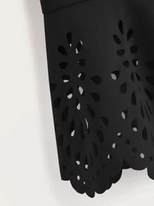 SHEIN LUNE Button Front Puff Sleeve Laser Cut Hem Blouse - Black - View 4