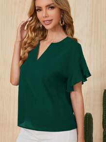 SHEIN Clasi 缺口領荷葉袖襯衫 - 墨綠色 - 查看 5