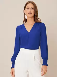SHEIN Frenchy V-Neck Shirred Button Detail Top Winter Elegant Blue - Royal Blue - View 1