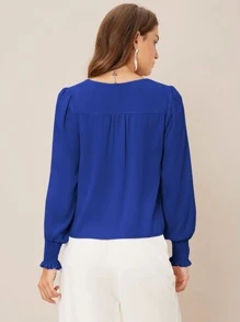 SHEIN Frenchy V-Neck Shirred Button Detail Top Winter Elegant Blue - Royal Blue - View 2
