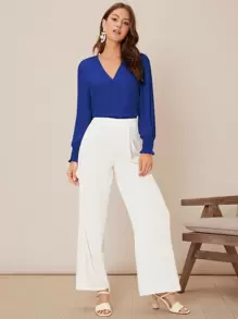 SHEIN Frenchy V-Neck Shirred Button Detail Top Winter Elegant Blue - Royal Blue - View 3