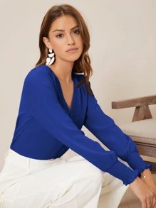 SHEIN Frenchy V-Neck Shirred Button Detail Top Winter Elegant Blue - Royal Blue - View 4