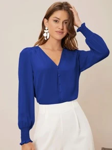 SHEIN Frenchy V-Neck Shirred Button Detail Top Winter Elegant Blue - Royal Blue - View 5