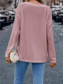 SHEIN LUNE Waffle Knit Drop Shoulder Tee - Dusty Pink - View 2