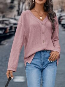 SHEIN LUNE Waffle Knit Drop Shoulder Tee - Dusty Pink - View 5