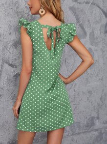 SHEIN Clasi Polka Dot Tie Back Ruffle Sleeve Dress - Mint Green - View 1