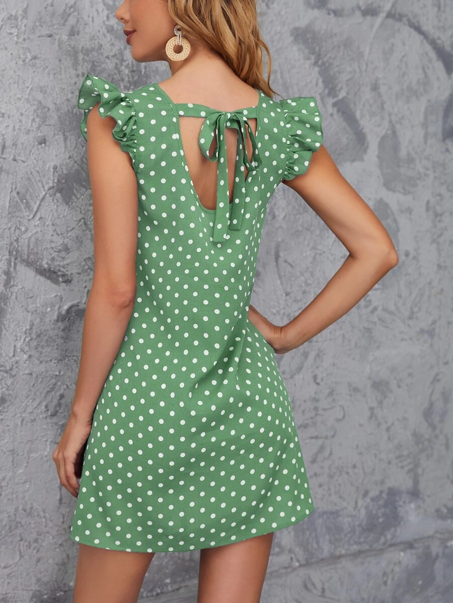 SHEIN Clasi Polka Dot Tie Back Ruffle Sleeve Dress - Mint Green - View 1
