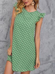 SHEIN Clasi Polka Dot Tie Back Ruffle Sleeve Dress - Mint Green - View 3