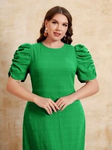 SHEIN Clasi 大碼泡泡袖荷葉邊連衣裙 - 綠色 - 查看 5