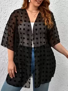 SHEIN LUNE Plus Drop Shoulder Curved Hem Swiss Dot Kimono For Summer Beach Vacation - Black - View 1