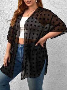 SHEIN LUNE Plus Drop Shoulder Curved Hem Swiss Dot Kimono For Summer Beach Vacation - Black - View 4