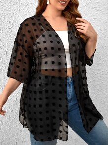 SHEIN LUNE Plus Drop Shoulder Curved Hem Swiss Dot Kimono For Summer Beach Vacation - Black - View 6