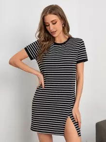 SHEIN Essnce Striped Print Contrast Binding Tee Dress - Black and White - View 1